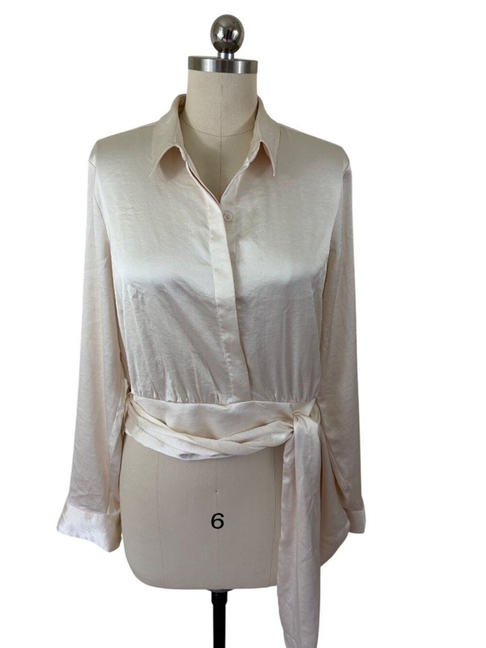 Express Portofino Satin Office Siren Button Down Shirt Sash Womens M Ivory